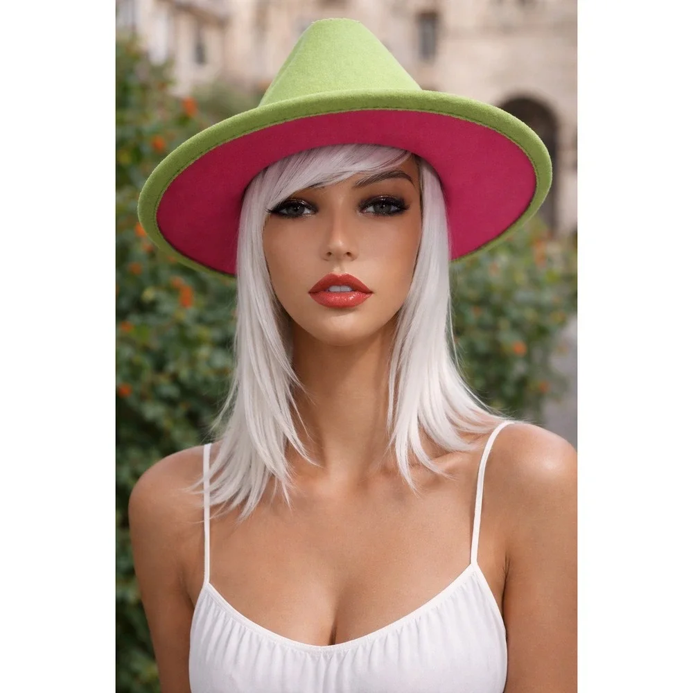 Fedora Hat Green Outside & Hot Pink‎ Inside with Pink Emoji Headband